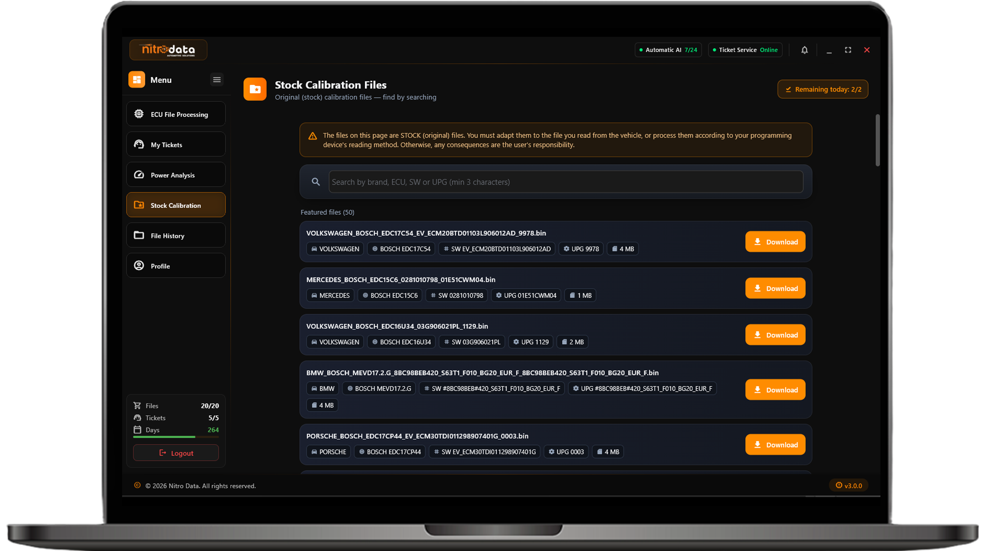 NitroData stok kalibrasyon indirme ekranı